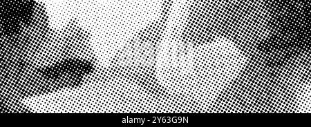 Trama dei mezzitoni sgranata punteggiata distorta. Sfondo bitmap grana pixel disordinato. Motivo gradiente ondulato e grunge in rilievo. Sfondo con rumore di grana raster retrò. Sfondo di sovrapposizione fumetti astratti vettoriali Illustrazione Vettoriale