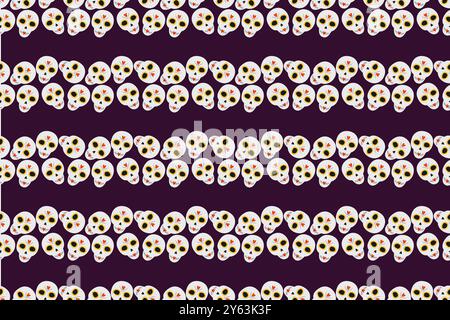 Strisce teschi su sfondo viola scuro motivo senza cuciture. L'idea di sfondo del giorno dei morti. Involucro per illustrazioni vettoriali, carta da parati, imballaggio o Web, schede, poster, etichetta o web, concetto promozionale Illustrazione Vettoriale