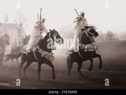 Catturando l'intensità di una tradizionale Tbourida marocchina, nota anche come Fantasia, dove abili cavalieri galoppo in formazione e fucili da fuoco. Foto Stock