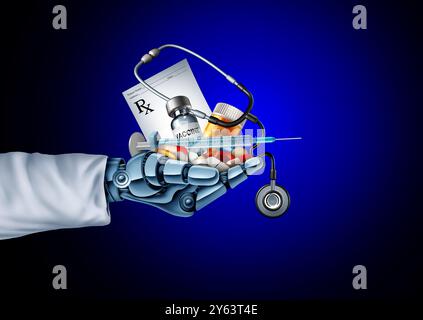 Intelligenza artificiale e Sanità e Medicina IA come assistenza sanitaria digitale o farmacista robot e robotica nelle farmacie Foto Stock