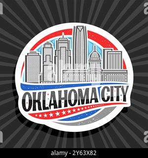 Logo vettoriale per Oklahoma City, etichetta decorativa bianca con illustrazione a linee del paesaggio urbano dell'oklahoma sullo sfondo del cielo, magnete per frigorifero dal design artistico Illustrazione Vettoriale