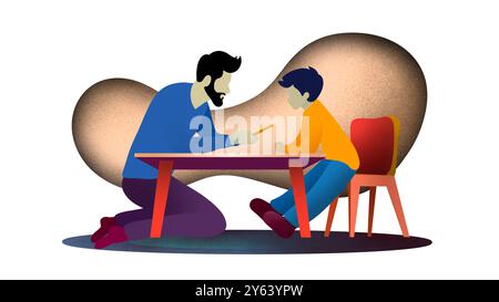 Un padre e suo figlio lavorano a casa, padre con un bambino che usa il laptop a casa, padre che aiuta suo figlio con i compiti a casa, papà Foto Stock Un padre e suo figlio lavorano a casa, padre con un bambino che usa il laptop a casa, padre che aiuta suo figlio con i compiti a casa, papà Foto Stock