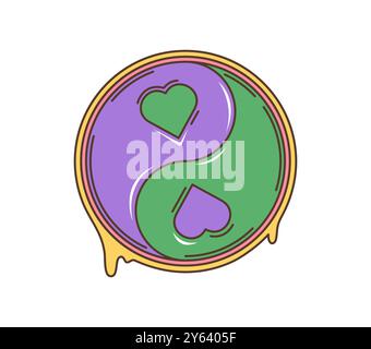 Simbolo yin-yang hippie retrò cartoni animati. Distintivo yin yang circolare vettoriale isolato con un cartello con i cuori in colori viola e verde con un effetto fluente e fuso intorno ai bordi. Illustrazione Vettoriale