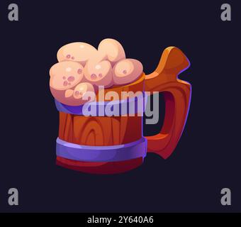 Tankard di birra pirata cartoni animati. Tazza in legno vettoriale isolata, orla di birra o birra schiumosa, i lati sono decorati con manico curvo e anelli in metallo. Tazza in legno resistente per un incontro conviviale nel pub Corsair Illustrazione Vettoriale
