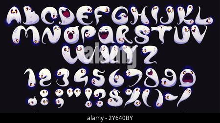 Font fantasmi di Halloween, carattere tipografico spaventoso, tipo horror malvagio, set tipografico vettoriale con alfabeto mostro spettrale. Fantasma bianco dei cartoni animati, fantasma notturno e personaggi dello spirito maligno, a forma di lettere e numeri Illustrazione Vettoriale