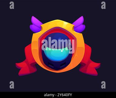 Distintivo per la classifica delle corse automobilistiche e automobilistiche, con scudo alato con parabrezza in vetro e nastri rossi. Trofeo Cartoon Vector Motorsport, risultato del gioco, emblema della classifica delle corse, icona pop-up premio Illustrazione Vettoriale