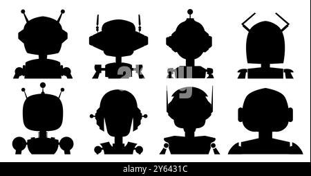 Set vettoriale di sagome monocromatiche di vari robot isolati dallo sfondo. Raccolta di androidi ombra nera. illustrazioni di cyborg infantile Illustrazione Vettoriale
