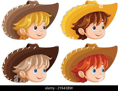 Quattro cowboy dei cartoni animati con diversi colori dei capelli Illustrazione Vettoriale