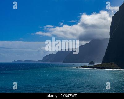 Vista lungo la costa nord di Madeira verso la penisola Ponta de Sao Lourenco dal Miradouro do Guindaste. Foto Stock