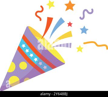 Set di coriandoli da festa, logo dei fuochi d'artificio, cappello, design piatto. Illustrazione vettoriale isolata su sfondo bianco. Illustrazione Vettoriale