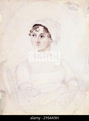 Jane Austen (1775-1817), scrittrice inglese, ritratto incompiuto in acquerello e matita di sua sorella Cassandra Austen, circa 1810 Foto Stock