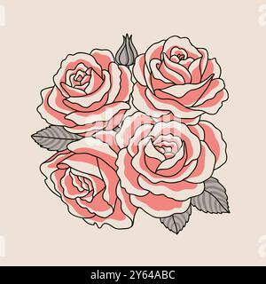 Illustrazione stilizzata di quattro rose in fiore, con petali rosa e bianchi delineati in nero con foglie ombreggiate grigie su sfondo beige chiaro. Elemento grafico in cinque colori. Illustrazione Vettoriale