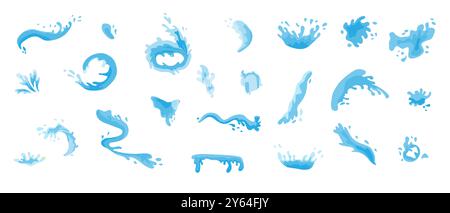 Set di spruzzi d'acqua. Elementi liquidi per bevande. Diverse forme blu. Illustrazione Vettoriale