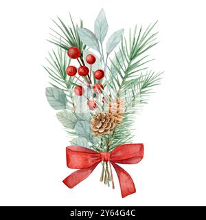 Acquerello raffigurante un bouquet natalizio di rami di abete e pino, coni, rami di eucalipto, rami con bacche con arco Foto Stock