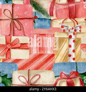 Motivo acquerello senza cuciture con diverse confezioni regalo in una confezione luminosa con archi e decorazioni Foto Stock