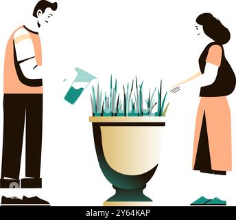 Coppia Watering Garden insieme Illustrazione Vettoriale