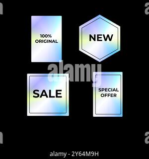 Set di adesivi, emblemi olografici ed etichette olografiche su sfondo scuro. adesivi al neon gradiente y2k in vendita, prodotti. Illustrazione Vettoriale