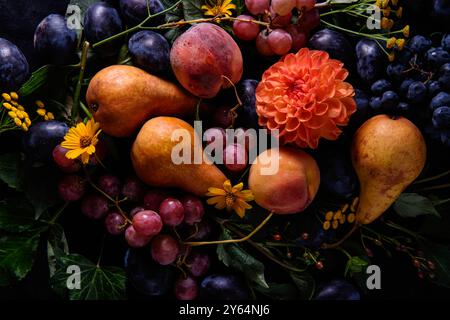 Una vibrante composizione di natura morta con pere, prugne, uva e fiori colorati su sfondo scuro. Una ricca composizione che fonde il vantaggio della natura Foto Stock