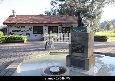 Cane sulla statua di Tuckerbox, vicino a Gundagai, NSW, Australia Foto Stock