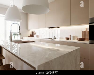 Cucina moderna e minimalista. Armadi lucidi beige, grande piano di appoggio bianco in quarzo Foto Stock