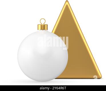 Elegante palloncino natalizio con piramide a triangolo metallico dorato e elegante giocattolo bianco con anello per appendere realistiche illustrazioni vettoriali di icone 3D. Lusso Illustrazione Vettoriale