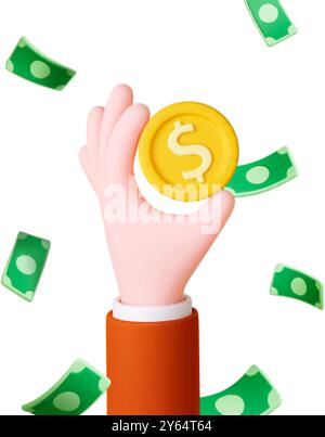 uomo 3d che tiene a mano una moneta d'oro. Cadono banconote verdi. Rendete realistici il concetto di business, la finanza, il settore bancario. Profitto e dividendi, scena vettoriale Illustrazione Vettoriale