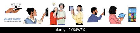 Persone che utilizzano il pannello di controllo Smart Home isolato Illustrazione Vettoriale
