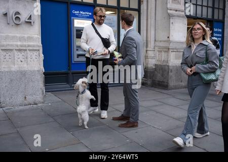 Il 13 settembre 2024, a Londra, in Inghilterra, un cane da compagnia implorerà uno spuntino in una strada della City of London. Foto Stock