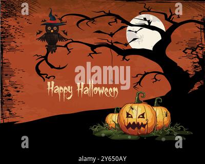 Una scena di Halloween con un albero, un gufo e tre zucche. L'albero è scuro e spaventoso, e il gufo è arroccato su un ramo. Le zucche sono intagliate wi Illustrazione Vettoriale