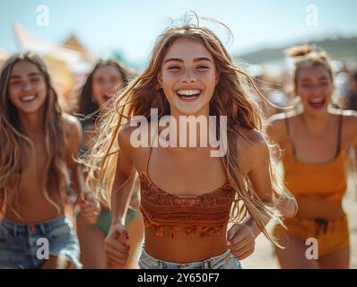 Un gruppo di amici gioiosi che corrono insieme in spiaggia, irradiando felicità ed energia. La loro risata e il loro spirito spensierato catturano l'essenza della somma Foto Stock