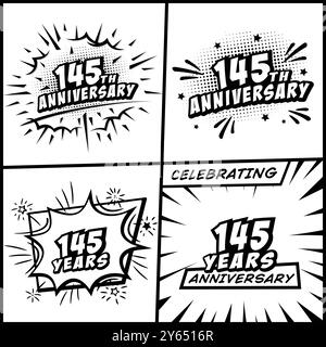 collezione di logo per il 145° anniversario. logotipo comico celebrazione del 145° anniversario. Vettore e illustrazione in stile pop art. Illustrazione Vettoriale