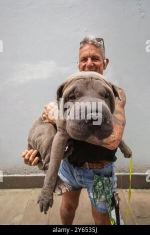 Inghilterra, Kent, Folkestone, Ritratto di uomo che tiene in mano un cane da compagnia di grandi dimensioni Foto Stock