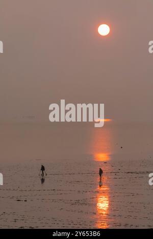 Inghilterra, Kent, Isola di Sheppey, Sheerness, Minster, metal detector all'alba sull'estuario del Tamigi Foto Stock