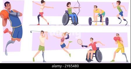 Fitness per disabili. I personaggi degli atleti con gambe e mani di protesi illustrano esattamente i vettori in stile cartoni animati Illustrazione Vettoriale