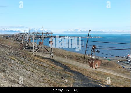 Vecchia miniera di carbone di fabbrica, arrugginiti carrelli di carbone a Longyearbyen, isola Spitsbergen, arcipelago delle Svalbard, Norvegia Foto Stock