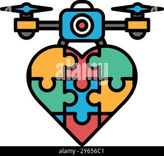 Un cuore colorato fatto di pezzi di puzzle con un drone in cima. Il cuore è un simbolo d'amore e la fotocamera rappresenta l'idea di catturare i ricordi. Co Illustrazione Vettoriale