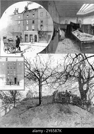 L'Osservatorio di Greenwich bombardò nel 1894 i cospiratori anarchici a Londra 1. L'Automobile Club, Tottenham Court Road 2. Il laboratorio di Martial Bourdin lasciato da lui il giorno dell'esplosione 3. Casa in cui Bourdin viveva, 30 Fitzroy Street 4. Scena dell'esplosione a Greenwich Park il + indica il luogo in cui Bourdin è stato ucciso Foto Stock