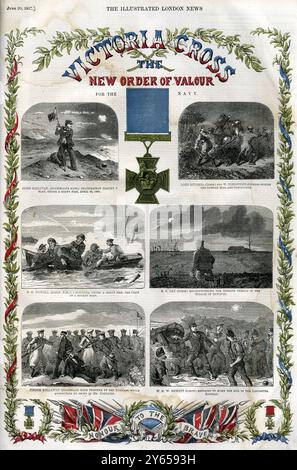 Victoria Cross - il nuovo ordine di valore per la marina illustrazioni di alcuni dei primi destinatari della VC per azioni nella guerra di Crimea. Illustrated London News - 20 giugno 1857 Foto Stock