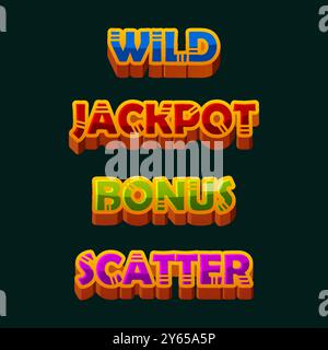 Set di parole slot - Vinci, Scatter, Wild, Bonus e Jackpot. Testo in stile Maya o Aztec per giochi 2D e casinò o slot machine Illustrazione Vettoriale