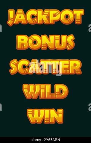 Set di parole slot - Vinci, Scatter, Wild, Bonus e Jackpot. Testo Golden Maya o Aztec Style per giochi 2D e casinò o slot machine Illustrazione Vettoriale