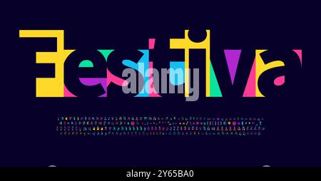Alfabeto colorato del Festival, lettere colorate d'arte, carattere allegro e divertente per un logo geometrico luminoso, titolo della festa messicana o indiana, biglietto di auguri di compleanno Illustrazione Vettoriale