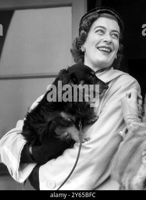 Lord Mountbatten torna a prendere il posto di First Sea Lord Admiral Earl Mountbatten di Birmania, insieme a sua moglie la Contessa e Lady Pamela loro figlia, arrivati all'aeroporto di Londra questa mattina da Malta. Recentemente ha rinunciato al suo posto di comandante delle forze mediterranee della NATO ed è tornato qui per prendere il suo nuovo incarico, mentre First Sea Lord Photo mostra Lady Pamela con il suo cane Sheen che è venuto a incontrarla all'aeroporto il 14 dicembre 1954 Foto Stock