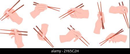 Le bacchette della presa di mano si trovano in diverse posizioni. Cucina asiatica con bacchetta. Utensili cinesi giapponesi coreani vietnamiti in mani umane, set di vettori razziali Illustrazione Vettoriale
