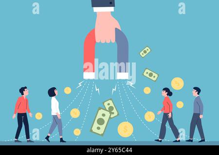 Attrarre clienti e denaro. Tenendo a mano il magnete e attira i consumatori. Marketing, strategia aziendale, traffico digitale e vettore recente dei servizi Illustrazione Vettoriale