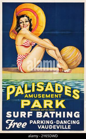 American Advertising poster feat. A pinup - Palisades Amusement Park, Surf Bathing (Berkshire Printing, 1937) opera di Cardwell S. Higgins Foto Stock