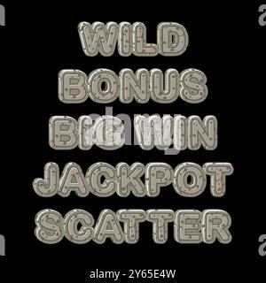 Set di parole di pietra per i giochi slot: Vinci, Scatter, Wild, Bonus e Jackpot. Elementi grafici per lo sviluppo di slot machine Illustrazione Vettoriale
