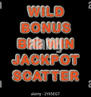 Set di parole di pietra per i giochi slot: Vinci, Scatter, Wild, Bonus e Jackpot. Elementi grafici per lo sviluppo di slot machine. Risorse di gioco Illustrazione Vettoriale