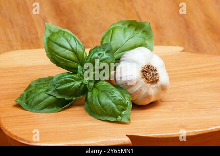 Foglie di basilico (Ocimum basilicum) e aglio e aglio su un tagliere di legno Foto Stock