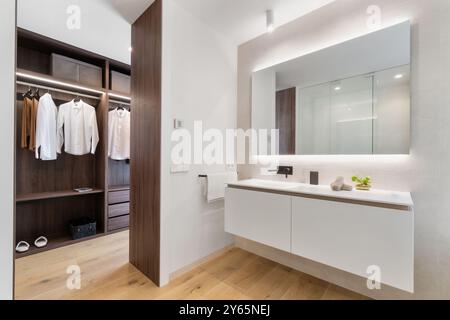 Bagno elegante e moderno con grande specchio, lavandino minimalista e cabina armadio collegata con eleganti abiti esposti Foto Stock