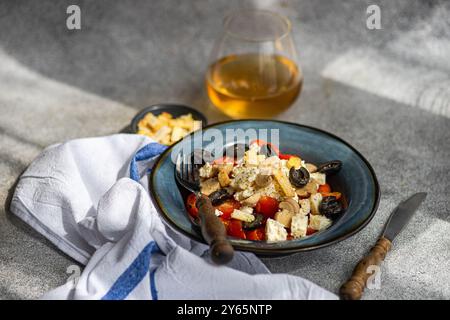 Insalata di verdure con pomodori ciliegini, olive fermentate, funghi e formaggio feta, abbinata a un bicchiere di vino bianco secco. Foto Stock